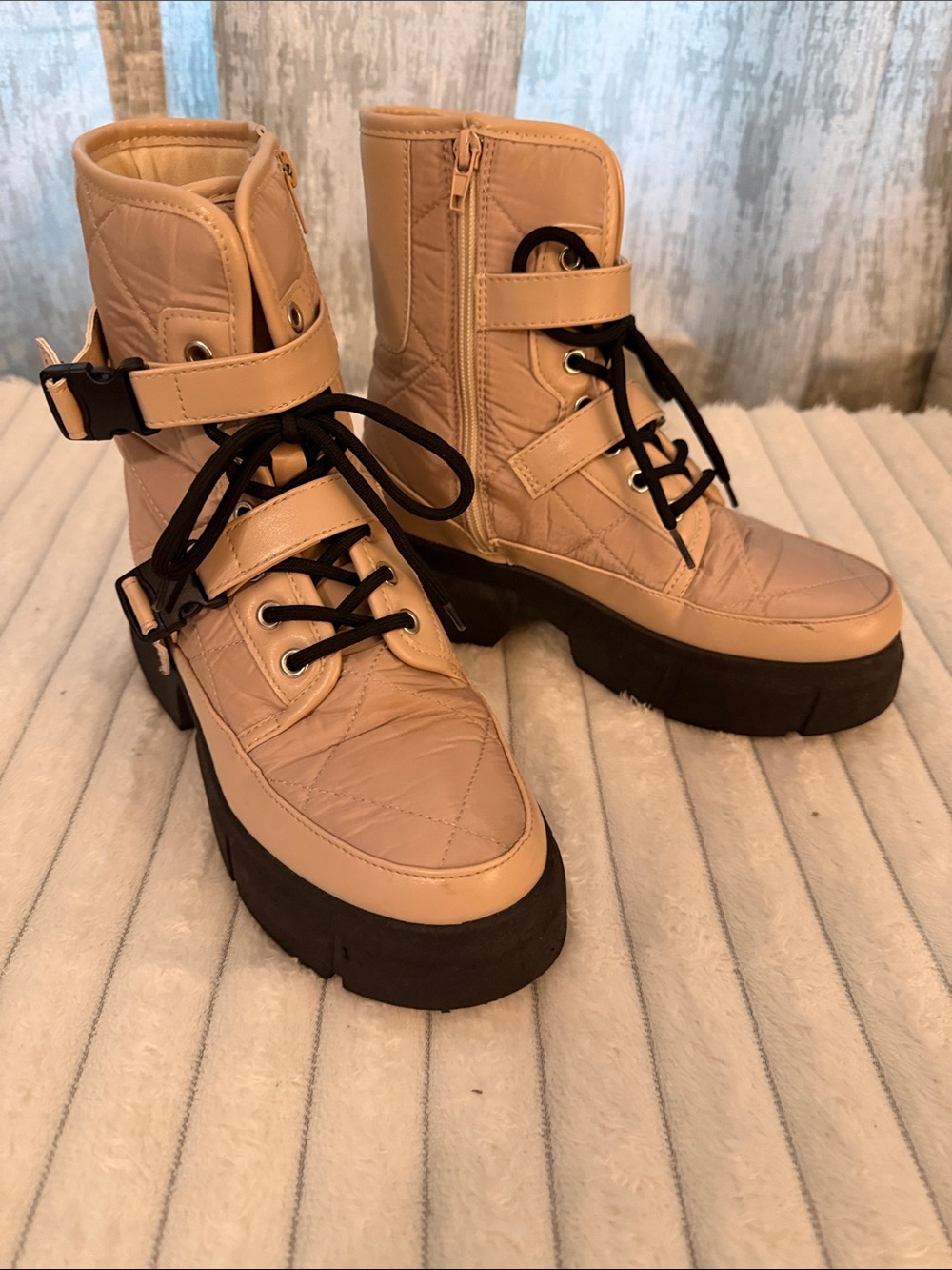 Quilted Platform Ankle Boots in Nude with Black Soles